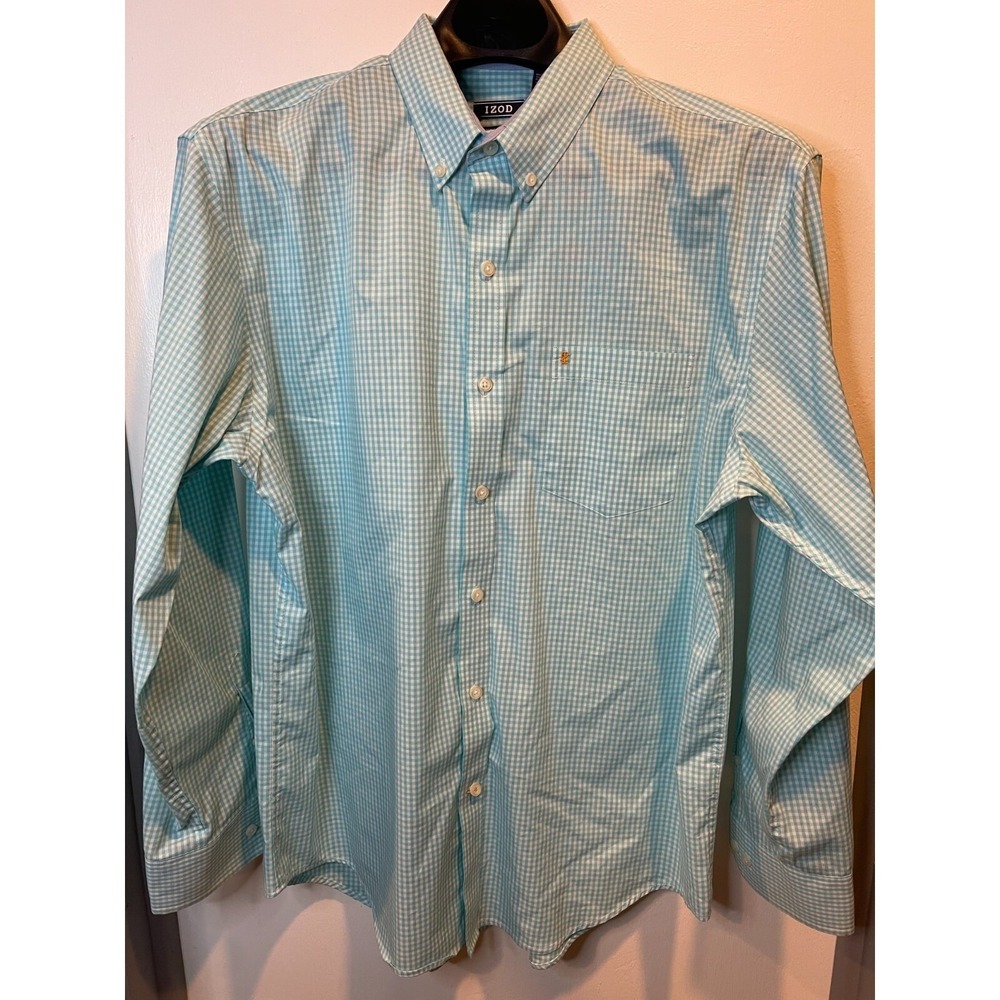 IZOD Mens Long Sleeve Gingham Button Down Shirt Aqua White Non-Iron Stretch L